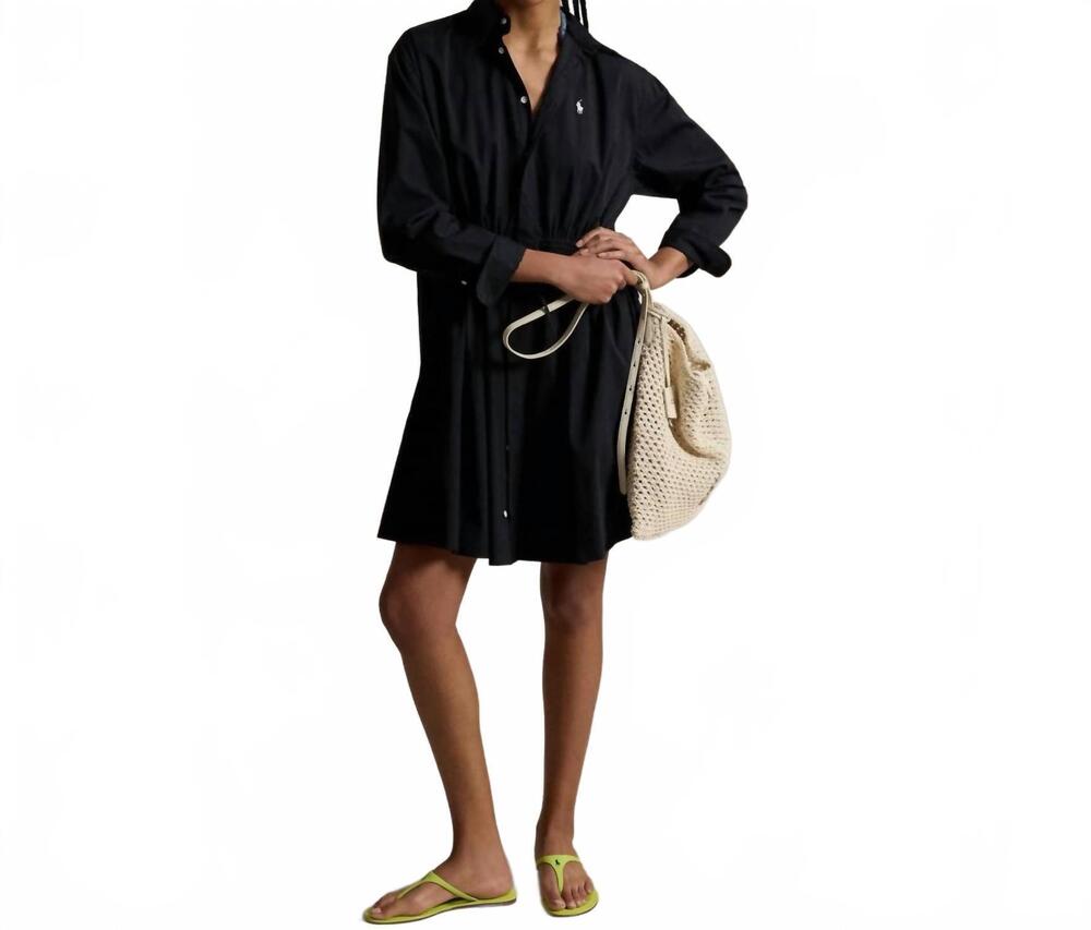 NEW RALPH LAUREN polo drawstring waist cotton shirtdress in black